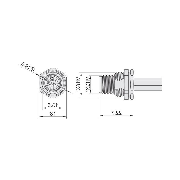 M12 5Pin L-coded、公头直型、法兰插座、板后安装、预铸UL电子线、64LB21-XXX